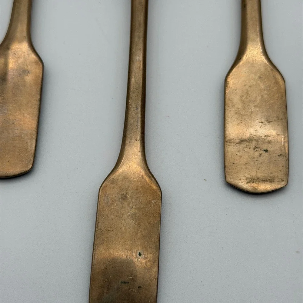 Vintage Bronze Brass Spoons Set of 5 Mid Century Modern Fiddle Handle Gold Tone